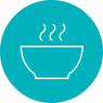 Caldo quente e nutritivo. Ícone de uma tigela com caldo fumegante em fundo azul.