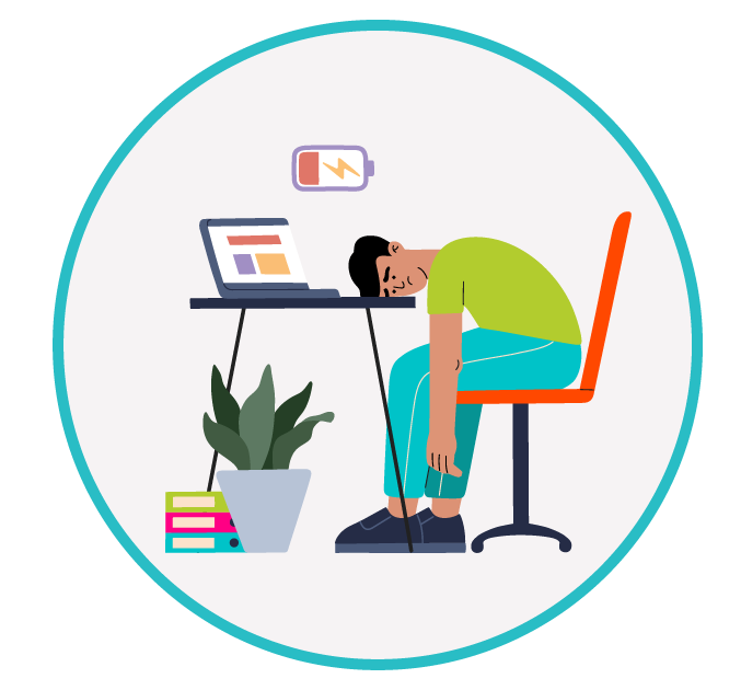 Pessoa com cansaço constante e fadiga diante do computador Ilustração de uma pessoa exausta sentada à mesa com a cabeça apoiada no braço, ao lado de um notebook, simbolizando cansaço extremo e baixa energia.