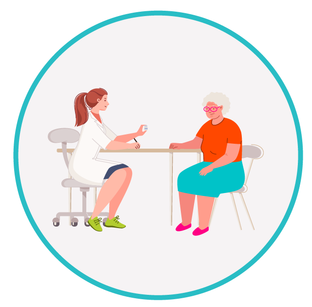 Check‑up médico: consultas regulares Ilustração de uma profissional de saúde conversando com uma paciente idosa durante um check-up, representando a importância do acompanhamento médico regular