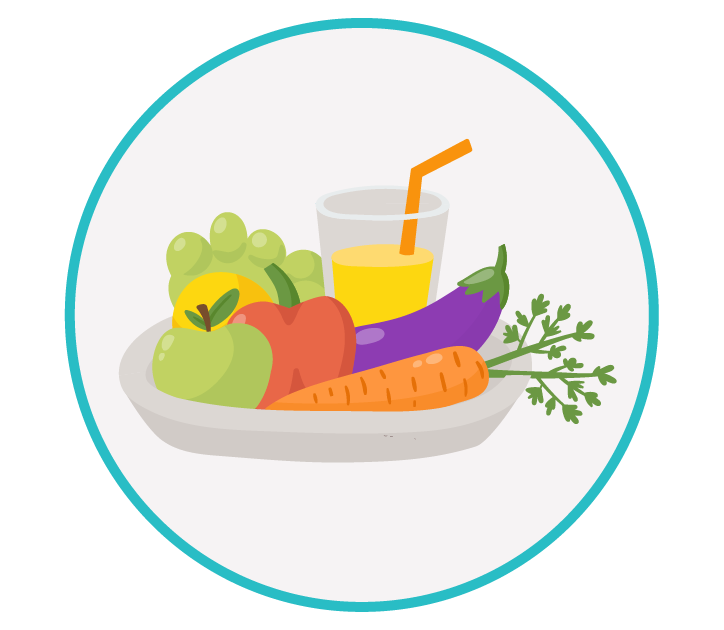 Dieta equilibrada: frutas, legumes e suco Ilustração de um prato com frutas variadas, legumes e um copo de suco, representando uma dieta equilibrada