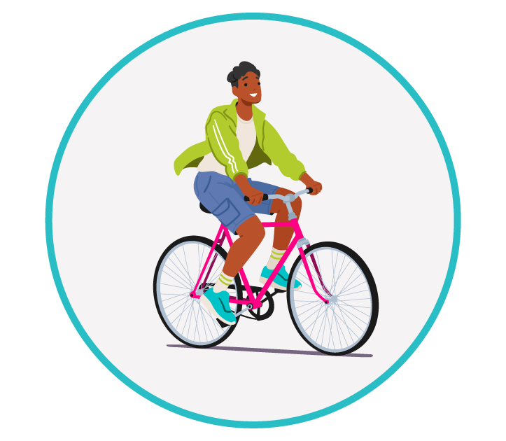 Exercícios físicos: andar de bicicleta Ilustração de uma pessoa pedalando uma bicicleta rosa, simbolizando a prática de exercícios físicos