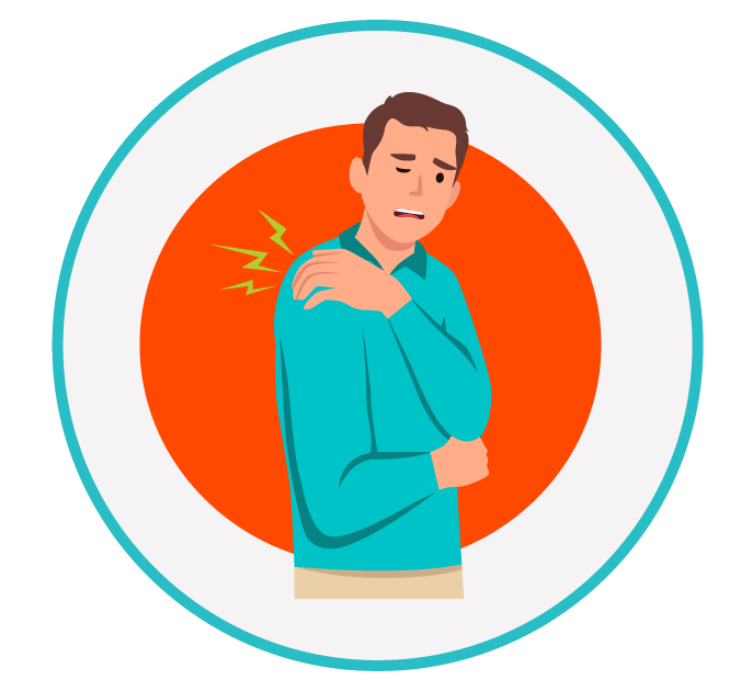 Sintomas nos membros: dor ou formigamento em braços e pernas Ilustração de um homem segurando o ombro com expressão de dor, simbolizando dor ou formigamento nos braços e pernas