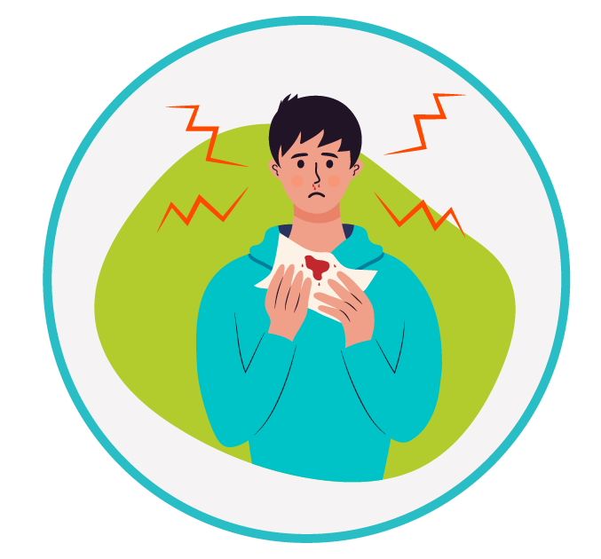 Homem com sangramento e expressão de alerta, sinal de condição médica que exige atenção. Ilustração de um homem segurando um lenço com sangue, com expressão preocupada, representando sangramento nasal ou outro tipo de sangramento inesperado.