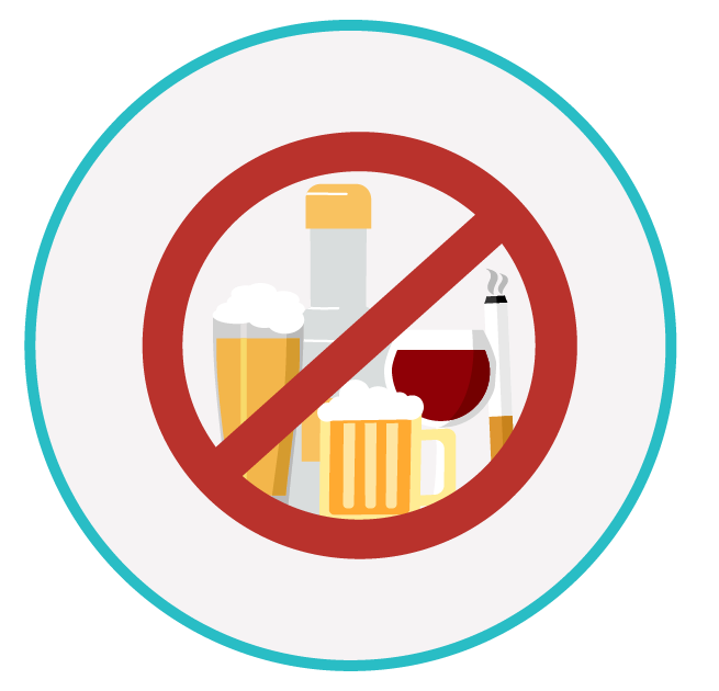 Tabagismo e álcool: evitar consumo Ilustração de bebidas alcoólicas e um cigarro dentro de um símbolo de proibido, representando evitar tabagismo e álcool