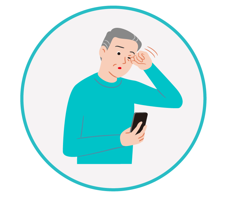 Homem com visão turva ao olhar para o celular, possível sintoma de problemas oculares ou pressão arterial alterada. Ilustração de um homem com expressão de dificuldade visual, esfregando os olhos enquanto segura um celular, representando visão turva ou embaçada.