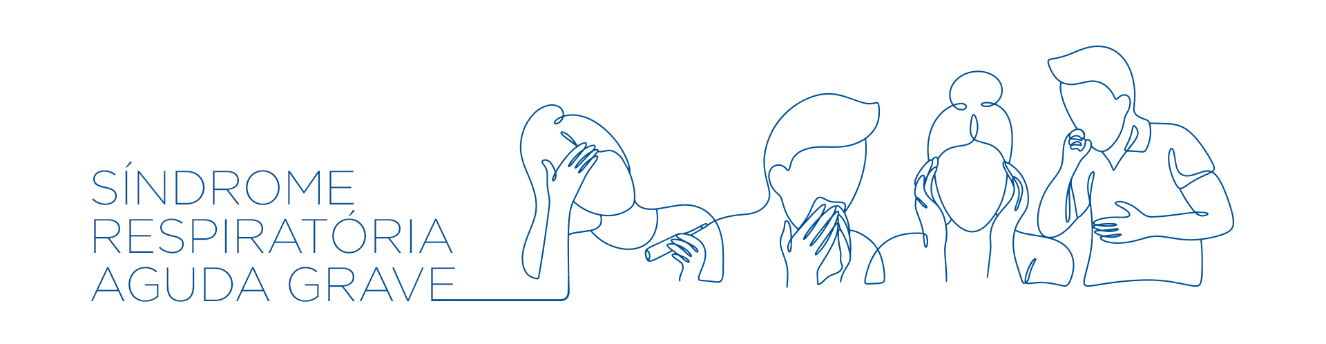 Ilustração em linha contínua mostrando cinco pessoas com sintomas respiratórios, como tosse, febre, mal-estar e cansaço, representando a Síndrome Respiratória Aguda Grave (SRAG).