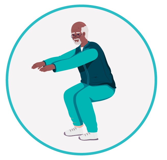 Exercício de agachamento para alívio da dor Ilustração de um homem idoso realizando agachamento, com os braços estendidos à frente, como parte de um exercício físico para aliviar dores