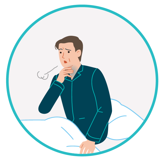 Ilustração de pessoa com falta de ar ou dificuldade respiratória. Ilustração de um homem sentado na cama com expressão de preocupação e dificuldade para respirar, levando a mão ao pescoço. Há um símbolo gráfico indicando falta de ar. Fundo claro com contorno circular azul.