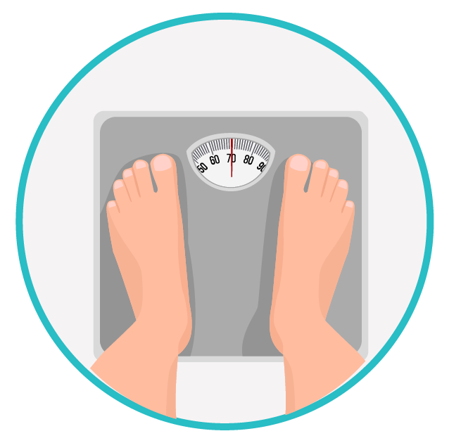 Pés sobre uma balança analógica, ponteiro perto de 70 kg